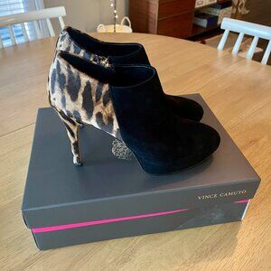 Vince Camuto Women's High Heeled Booties, Black and Leopard, Size 7.5